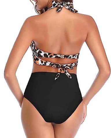 Tempt Me Women's Vintage Swimsuits Black Leopard Retro Halter Ruched High Waist Bikini with Bottom XL - Image 5