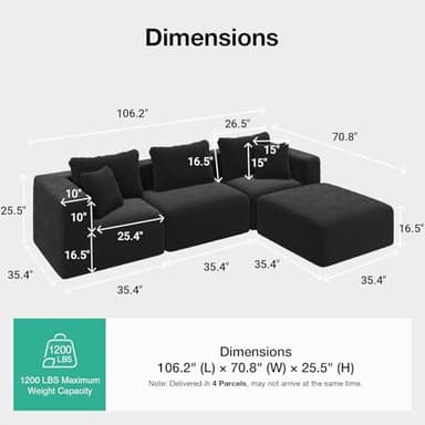 Novilla 106" Modular Sectional Sofa, Modern Cloud Sectional Couch with Smarts Coil™ Support, L-Shape Boneless Couch for Living Room Apartments Bedroom, No Assembly Required (3 Seater + 1 Ottoman - Image 4