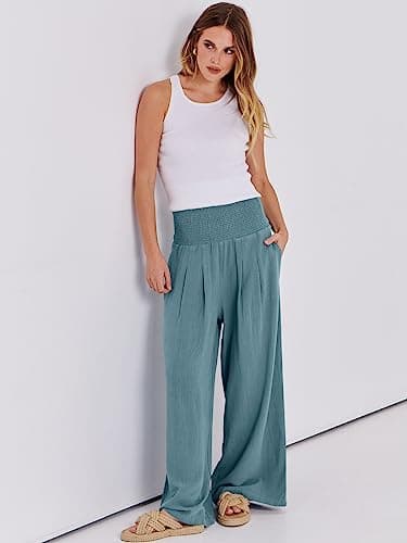ANRABESS Women Linen Palazzo Pants Summer Boho Wide Leg High Waist Casual Lounge Pant 2025 Beach Travel Vacation Outfits Lake Medium - Image 6