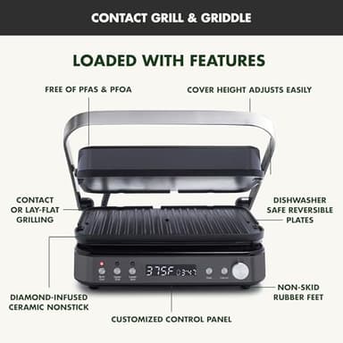 GreenPan 6-in-1 Multifunction Removable Plate Indoor Grill & Electric Griddle, Diamond Infused PFAS Free Ceramic Nonstick Reversible Plates, Opens Flat, Adjustable Temp, Panini Press, Black - Image 3