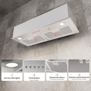 FIREGAS Range Hood 28 inch, Built-in Stainless Steel Kitchen Vent Hood with 450 CFM, 3 Speed Exhaust Fan, 2 LED Lights & Button Control, Ducted/Ductless Convertible - Image 8