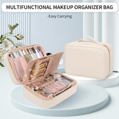 OCHEAL Makeup Bag, Make up Travel Bag Large Capacity Waterproof Cosmetic Organizer Bag with Makeup Brush Compartment & Handle for Women Girls Travel Toiletry Accessories-Beige - Image 4