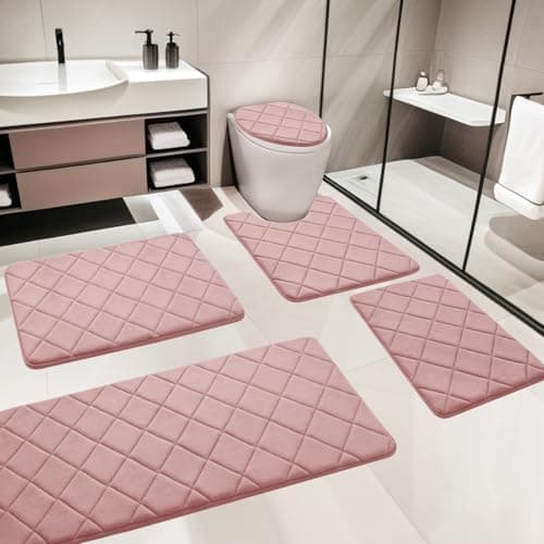 YIHOUSE Pink Bathroom Rugs Set 5 Piece, Soft Non Slip Memory Foam Bath Mat, Machine Wash Bathroom Mat Set, Water Absorbent Bath Mats for Toilet and Floor (Pink) - Image 1