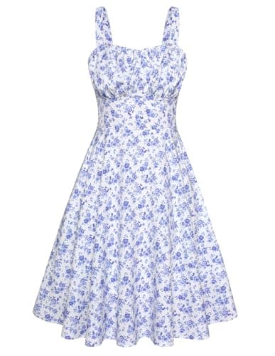 Sweetheart Neck Spaghetti Strap Sleeveless Summer Sundresses 2025 Floral Smocked A-Line Flowy Swing Midi Dress Small - Image 1