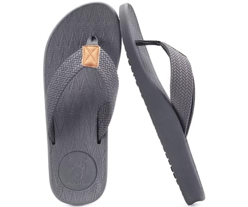 KuaiLu Mens Flip Flops Arch Support Comfortable Cushion Memory Foam Recovery Walking Waterproof Leather Thong Sandals Orthotic Plantar Fasciitis Summer Casual Beach Pool Slip on Slippers Grey Size 11 - Image 1