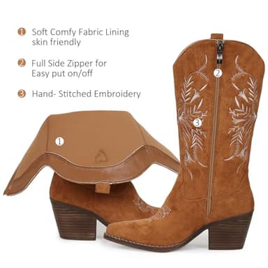 gioanroca Cowboy Boots for Women Classic Embroidered Pointy Toe Cowgirl Boot, Western Mid Calf Side Zipper Chunky Heel Cowgirl Boots - Image 4