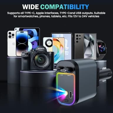 4 in 1 Retractable Car Chargers with Starlight, 66W USB C Fast Car Charger Adapter with 2 USB Ports Car Phone Chargers for All iPhone 16/15/14/13/12/11 and for All Android (Dark Grey - RedLight) - Image 7