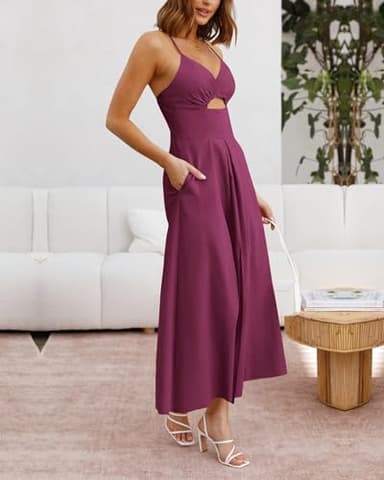 BTFBM Women 2025 Summer Spaghetti Strap Midi Dress Sleeveless V Neck Cutout Slit Casual Beach Party Maxi Dresses Pockets(Purple, Large) - Image 2