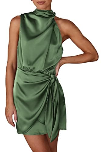 PRETTYGARDEN Women's Short Formal Satin Dress Summer Sleeveless Mock Neck Tie Waist Cocktail Party Dresses (Army Green,Small) - Image 1