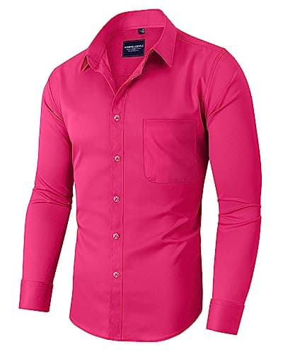 Alimens & Gentle Men's Dress Shirts Long Sleeve Wrinkle-Free Stretch Shirts Solid Formal Button Down Shirt with Pocket Rosy - Image 1