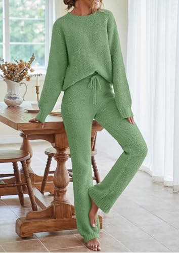MEROKEETY Womens Pajama Sets 2025 Fall Lounge Sweater Set Cute Fuzzy Fleece 2 Piece Long Sleeve Cozy Winter Pj Outfits, SeaGrass, Large - Image 7