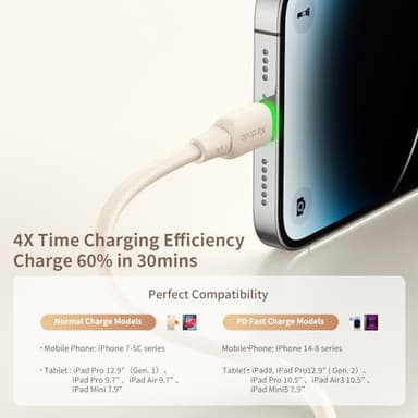 mcdodo USB C to Lightning Cable 4ft iPhone PD 36W Fast Charging Cord Soft Flow Material iPhone Charger for iPhone14 /13/13 Pro/ 12 Pro Max/ 12/11 /X/XS/XR/ 8 Plus/AirPods Pro(Off-White) - Image 5