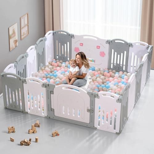 Uanlauo Baby Playpen, 18 Panel Foldable Play Yard for Toddlers, Easy Assemble Safety Baby Fence (Grey+White) - Image 1