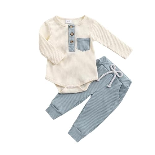 fhutpw Baby Boy Clothes 3 6 12 18 Months Ribbed Knitted Long Sleeve Romper and Pants Sets Newborn Fall Splicing Color Outfits (White&Blue, 3-6 Months) - Image 1