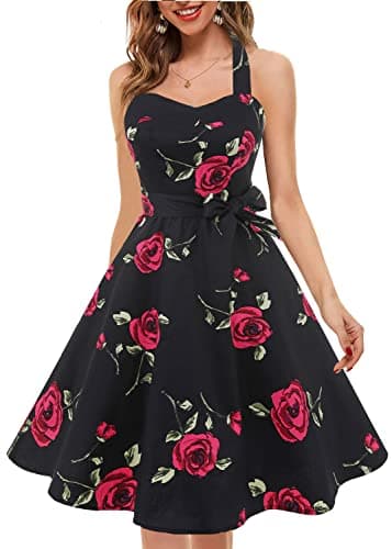 Topdress Women's Vintage Polka Audrey Dress 1950s Halter Retro Cocktail Dress Black/Fuchisa Rose S - Image 2