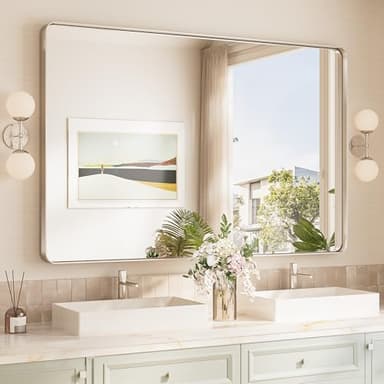TokeShimi 55x36 Brushed Nickel Bathroom Wall Mirror Vanity Metal Frame Round Corner Rectangular for Home Decor Living Room Entryway - Image 1