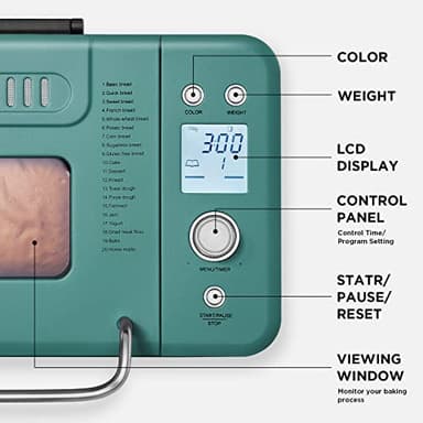 Neretva Bread Maker, 20-IN-1 2LB Bread Machine Dual Heater Bread Maker Machine Automatic with Nonstick Ceramic Pan, 15H Timer & 1H Keep Warm Set, Low Noise, Stainless Steel Breadmaker Recipe-Green - Image 6