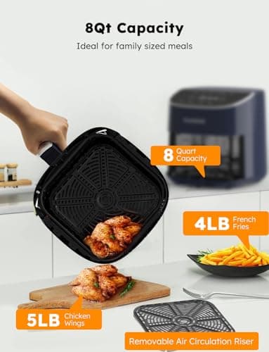 Nuwave Brio Plus 8 Qt Air Fryer, PFAS Free, New & Improved, Digital Touch Screen, Cool White Display, 50°F~400°F in Precise 5°, 5 Cook Functions, 100 Presets & 50 Memory, 3 Wattages 700, 1500, 1800 - Image 4