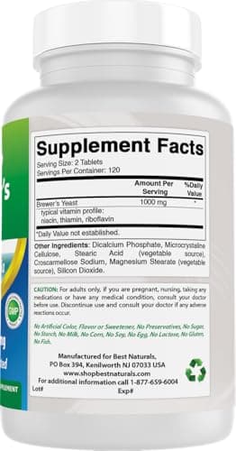 Best Naturals, Brewers Yeast, 7-1/2 Grains with Vitamin B1, Vitamin B2, 1000 mg 240 Tablets (240 Count (Pack of 1)) - Image 6