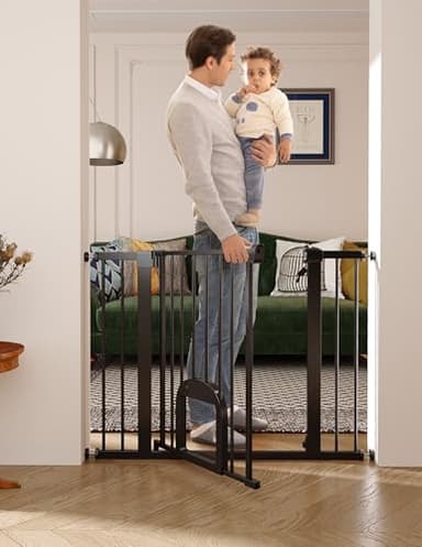Babelio Upgraded Baby Gate with Cat Door, 29-43" Auto Close Durable Dog Gate for Stairs, Doorways and House, Easy Walk Thru Safety Gate with Pet Door Includes 4 Wall Cups, Black - Image 3