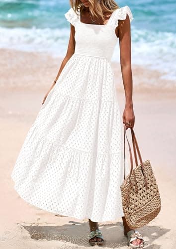 PRETTYGARDEN Womens Summer Square Neck Maxi Dresses Cap Sleeve Eyelet Smocked Tiered A Line Flowy Long Dress with Pockets (White,Medium) - Image 4