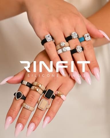 Rinfit Silicone Rings Women - Rubber Wedding Bands Stackable Ring Enhancer- Metal Framed Pear - Pack I: Black & White/Silver, Size 8 - Image 6