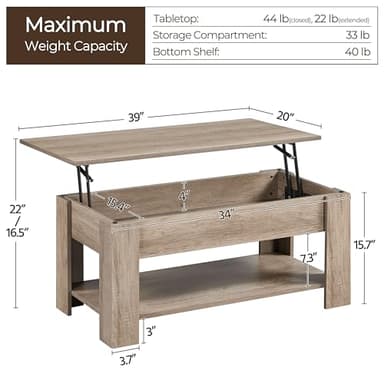 Yaheetech Lift Top Coffee Table with Hidden Compartment and Storage Shelf, Rising Tabletop Dining Table for Living Room Reception Room, 38.6in L, Grey - Image 3