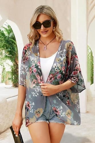 Women's Floral Print Puff Sleeve Kimono Cardigan Loose Cover Up Casual Blouse Tops (Dark Grey, S) - Image 8
