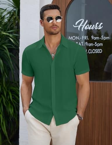 COOFANDY Men's Linen Shirts Short Sleeve Casual Button Down Shirts Summer Beach Resort Slim Fit T-Shirts Evergreen - Image 3