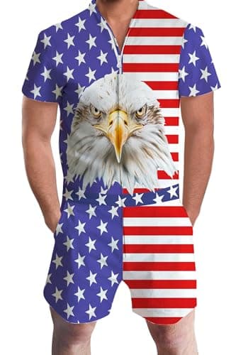 Men's Rompers Male Zipper Jumpsuit Shorts Flag Independence Day 4th of July One Piece Romper Slim Fit Bro Short Sleeve Shirt Outfits - Image 1