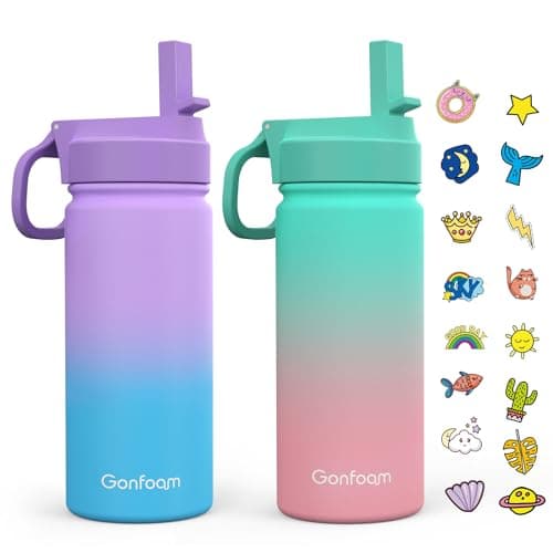 Kids Water Bottle, 2-Pack 16oz Water Bottles with Stickers and Straw, Stainless Steel Vacuum Insulated cup, Kids Water Bottle for School, Gifts for Boys and Girls(Purple/Green) - Image 1