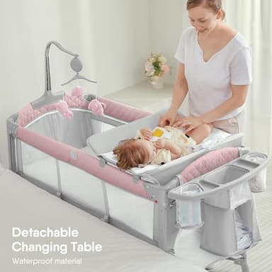BabyBond Baby Bassinet Bedside Crib, Pack and Play with Sheet, Diaper Changing Table and Music Mobile from Newborn to Toddles, Portable Large Playard - Image 2