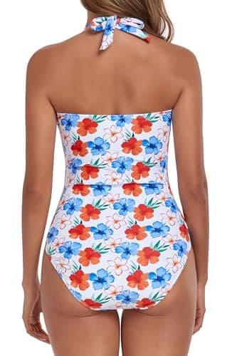 Smismivo Tummy Control Swimsuit Halter One Piece Slimming Vintage Retro Plus Size Bathing Suit Womens Ruched Push Up Swimwear for Teen White Floral S - Image 2