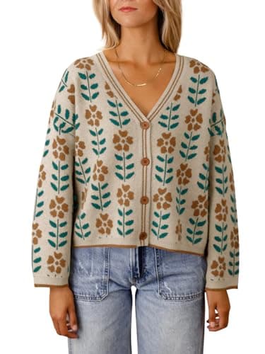 Saodimallsu Womens Floral Print V Neck Cardigan Open Front Button Down Knit Sweater Long Sleeve Loose Fashion Tops Apricot - Image 1