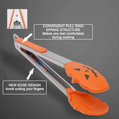 Kitchen Tongs for Cooking, Premium Stainless Steel with Halloween Design Silicon Tips- 500℉ Heat Resistant, Bats and Pumpkins Halloween Gifts, Set of 2(9" and 12") - Image 4