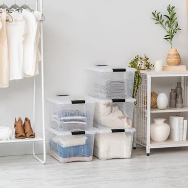 IRIS USA 40 Qt Stackable Plastic Storage Bins with Lids, 6 Pack - BPA-Free, Made in USA - See-Through Organizing Solution, Latches, Durable Nestable Containers, Secure Pull Handle - Clear - Image 4