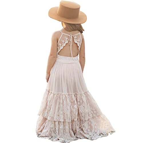 BIBIHOU Girls Kids Dress, Lace Back Full-Length Tulle Backless Formal Party Holiday Flower Girl Dresses,10 Years - Image 1