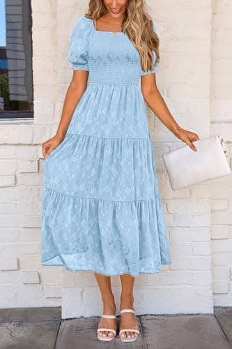 PRETTYGARDEN Women's 2025 Summer Casual Midi Dresses Square Neck Short Sleeve Smocked A Line Floral Flowy Elegant Boho Dress (Light Blue,Medium) - Image 3