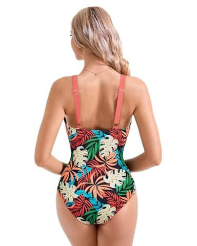 SUUKSESS Women Slimming Tummy Control One Piece Swimsuits Sexy Mesh High Waisted Monokini Bathing Suits (Coral Pink Leaf, L) - Image 3