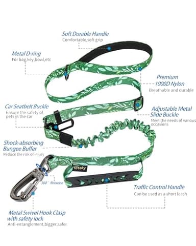 Hotsky Tactical Dog Leash Heavy Duty for Medium Large Dogs That Pull,4-6Ft Strong Bungee Shock Absorbing No Pull Dog Leash with Padded Double Handle and Car Seatbelt,Leaves - Image 2