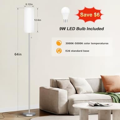 Ambimall Floor Lamp for Living Room with 3 Color Temperatures Bulb, 64" Standing lamp with Linen lampshade for Bedroom, Minimalist Pole Lamp, White Shade & Silver Pole - Image 2