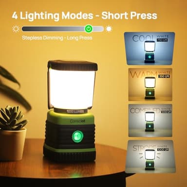 Consciot LED Battery Powered Camping Lantern, 1000LM, 4 Light Modes, IPX4 Waterproof Portable Tent Flashlight for Power Outages, Emergency, Hurricane, Hiking, Light Green, 2-Pack - Image 3
