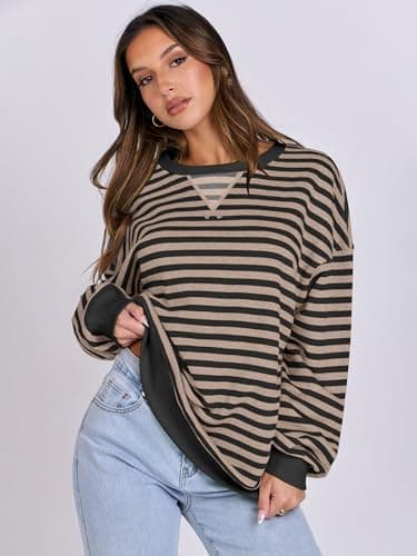 ANRABESS Women Striped Sweatshirts Oversized Crewneck Long Sleeve Shirts Y2K Pullover Top 2025 Fall Outfits Fashion Clothes Black Grey Large - Image 3