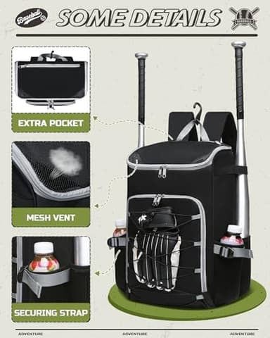 FOKDUVB Baseball Softball Gear Bag Backpack for Boys Girls Ages 6-8 8-12 12-14 Large Kids T-Ball Bat Bags with Ventilated Shoe Compartment Baseball Softball Players Stuff Supplies Black Gray Solid - Image 2