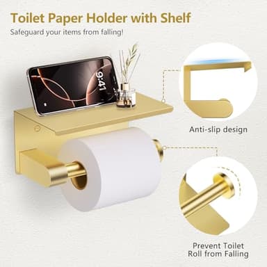 TQKAG 5 Piece Bathroom Towel Bar Holder Sets Brushed Gold Bathroom Hardware Set Stainless Steel Toilet Paper Holder with Shelf Bathroom Accessories Kit Wall Mounted - Image 3