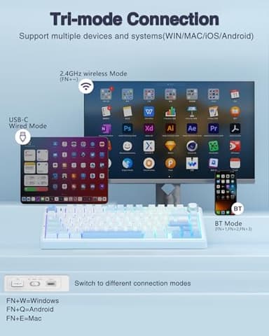 AULA F75 75% Wireless Mechanical Keyboard, Hot Swappable Creamy Keyboard, Pre-lubed Greywood Switches RGB Backlit Gaming Keyboards, 2.4GHz/Type-C/BT5.0(Salt White Blue) - Image 3