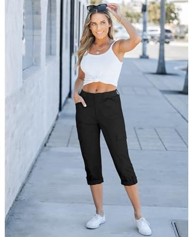GRAPENT Pants for Women Womens Cargo Pants with Pockets Women Summer Clothes Short Pants for Women Lounge Pants Elastic Waist Women's Capris and Cropped Pants Color Black Large Size 12 Size 14 - Image 5