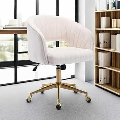 Home Office Chair Swivel Velvet Desk Chair Accent Armchair Upholstered Modern Tufted Chairs with Gold Base for Girls Women Ergonomic Study Seat Computer Task Stools for Living Room(Cream) - Image 2