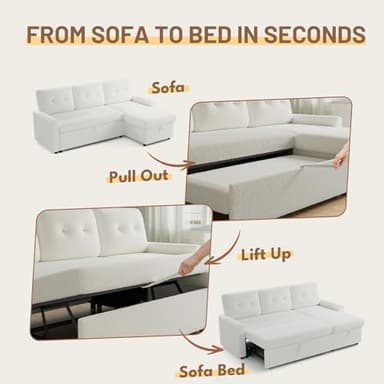 IULULU Sleeper Sofa, L Shaped Boucle Sectional Couch with Pullout Bed, Reversible Storage Chaise, 2 in 1 Pull Out Couches for Living Room, Apartment, Off White - Image 6