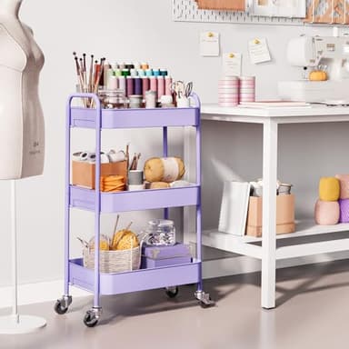 TOOLF 3-Tier Metal Rolling Cart with Wheels, Storage Utility Organizer Cart for Kitchen, Bathroom, Office, Baby Essentials & Makeup - Lockable Casters, Easy Assembly, Large Capacity, Purple - Image 6